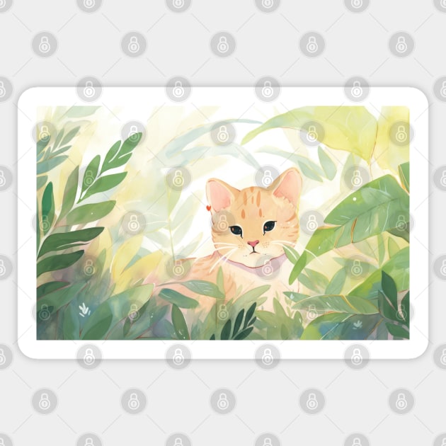 Whimsical Jungle Cat Watercolor Illustration Sticker by A Badger